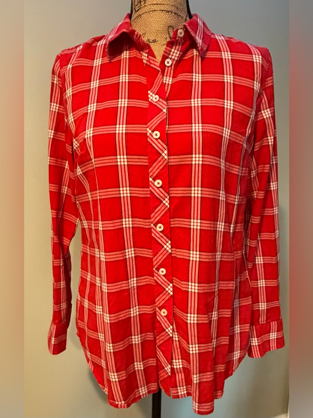 Talbots Women's Size Small Red White Plaid Long Sleeve Button Front Shirt Top S